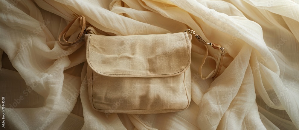 Poster a white canvas purse sitting on top of a bed, creating a simple and elegant display.