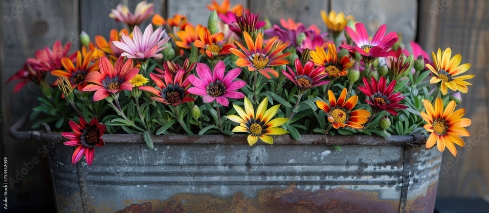 Poster a bucket bursting with a diverse array of vibrant flowers, showcasing a rich palette of colors and t