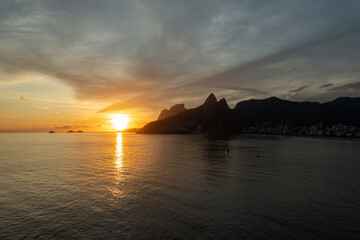 Aerial view of a summer sunset over Ipanema and Leblon beach in Rio de Janeiro.