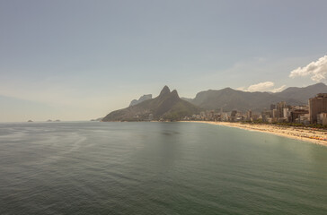 Aerial shot of Ipanema and Leblon beach with Dois Irmaos in the backgroud.