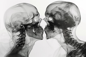 Creative X-Ray of two people kissing. Radiograph two skulls kiss. - obrazy, fototapety, plakaty