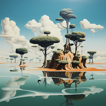 A surreal landscape with floating islands.