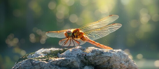 A brown dragonfly gracefully flies over a rock under the bright sun in a nature setting.