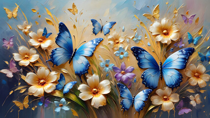 delicate spring flowers and light blue butterflies with a golden tint