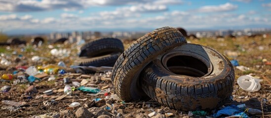 A collection of old tires piled up on top of a grass-covered field.