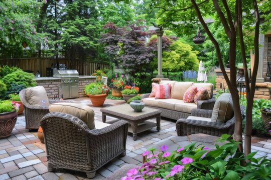 A patio with a grill, a table, and several chairs. Scene is relaxed and inviting