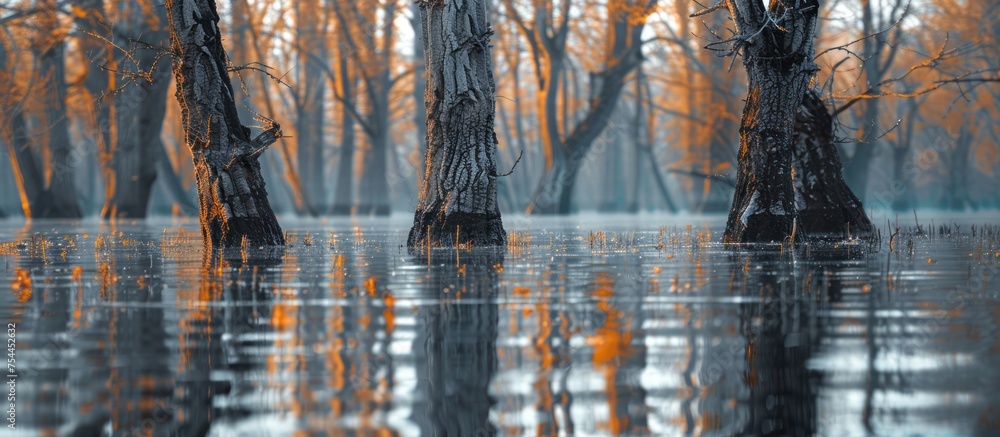 Poster several trees are partially submerged in water, creating a unique landscape.