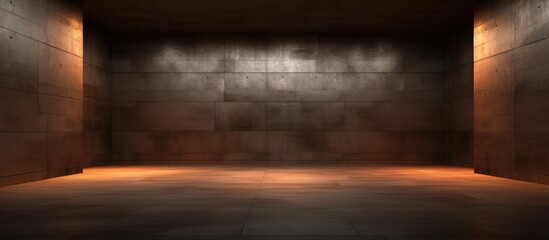 An empty room with no occupants, illuminated by dim lighting. The concrete walls and floors create an abstract and somber atmosphere in this interior architectural setting.