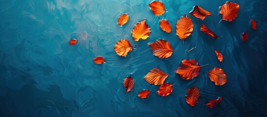 Several orange leaves gracefully float on the surface of a body of water, forming a beautiful cluster against the serene backdrop.