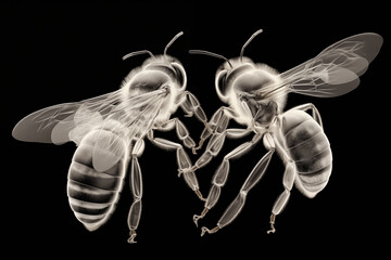 Macro photo, X-ray effect, of two bees on black background. - obrazy, fototapety, plakaty
