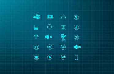 Set of video icons, camera, movie symbol. Vector illustration on a blue background. Eps 10