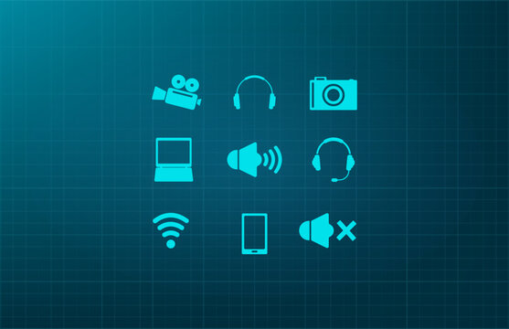 Set of video icons, camera, movie symbol. Vector illustration on a blue background. Eps 10