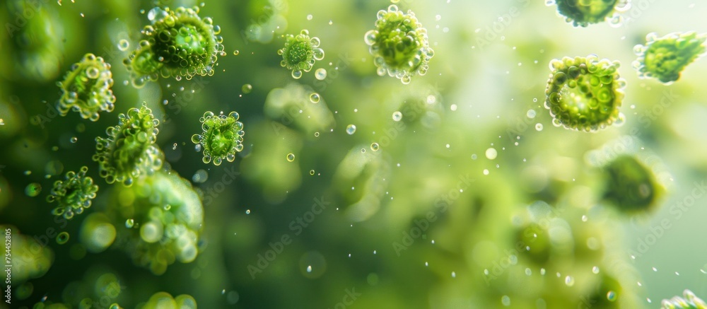 Poster detailed view macro close-up view of tiny green algae particles