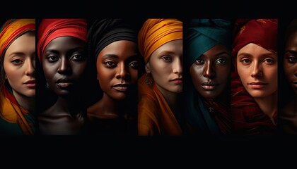 A group of women from various cultural backgrounds are gathered together, each wearing a distinct headscarf in vibrant colors. They appear engaged in a diversity training session. - obrazy, fototapety, plakaty