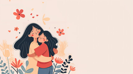 Mother's day concept, daughter and mother hugging each other, pastel colors illustration of girl and mom embracing each other for mothers day, child and mother with copyspace hd