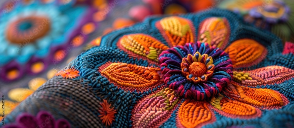 Poster detailed view of a colorful cloth adorned with vibrant flowers and intricate patterns.