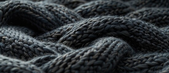 A close-up view showcasing the intricate details of a dark grey knitted blanket.