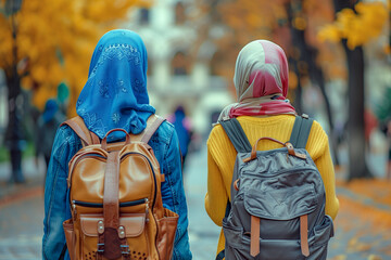 Rear view of two muslim girl students with backpacks wearing headscarf go to the colledge. - obrazy, fototapety, plakaty