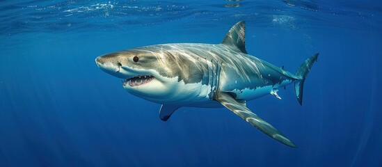 A great white shark gracefully swimming in the vast ocean, showcasing its powerful predator...