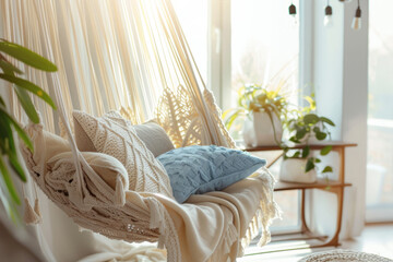 Comfortable hammock chair adorned with cushions. Generative AI