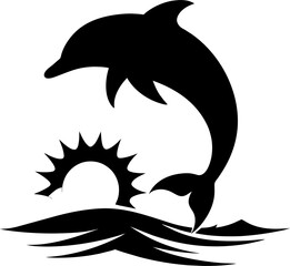 dolphin in see with sun black silhouette vector illustration on a Transparent Background for T-shirt and logo