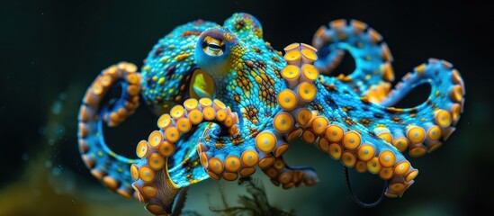 Obraz premium A close-up view of a blue and yellow Blue Octo in an aquarium, showing its tentacles and suckers as it moves gracefully in the water.