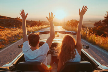 Happy couple driving on country road with raised hands. Friends going on road trip travel on summer day. Generative AI