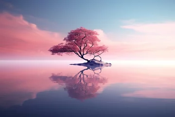 Fototapeten A beautiful fantasy landscape with lake, island and pink tree © lattesmile