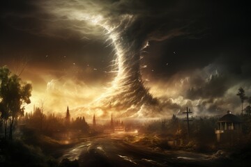 Realistic high-quality image of massive tornado and swirling sunlight rays against dark stormy sky