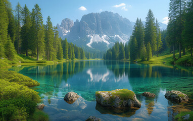 Tranquil lake, nestled in lush forests and majestic mountains, mirrors the clear blue sky.
