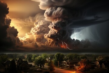 Dramatic tornado over cityscape aerial view natural disaster in urban area illustration - obrazy, fototapety, plakaty