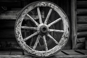 Fototapeta na wymiar Old Wagon Wheel in Black and White
