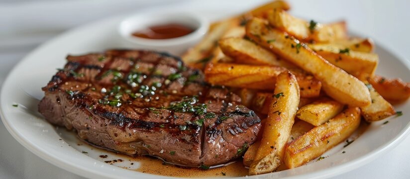 A white plate featuring a juicy beefsteak cooked to perfection and topped with crispy golden French fries.