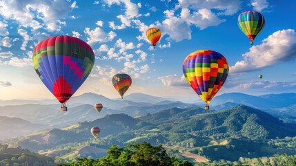 A group of colorful hot air balloons are flying over a mountain range. The scene is peaceful and serene, with the balloons floating high in the sky and the mountains in the background