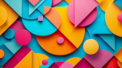 Abstract creative colourful geometric background with different 3d figures and shapes on the wall.