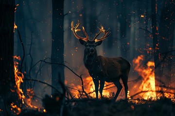 Wild Deer Facing Forest Fire