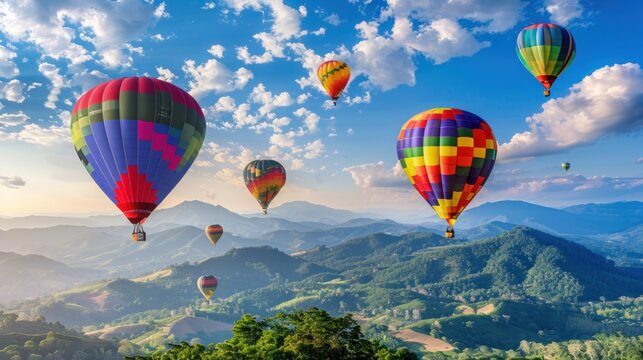 A group of colorful hot air balloons are flying over a mountain range. The scene is peaceful and serene, with the balloons floating high in the sky and the mountains in the background