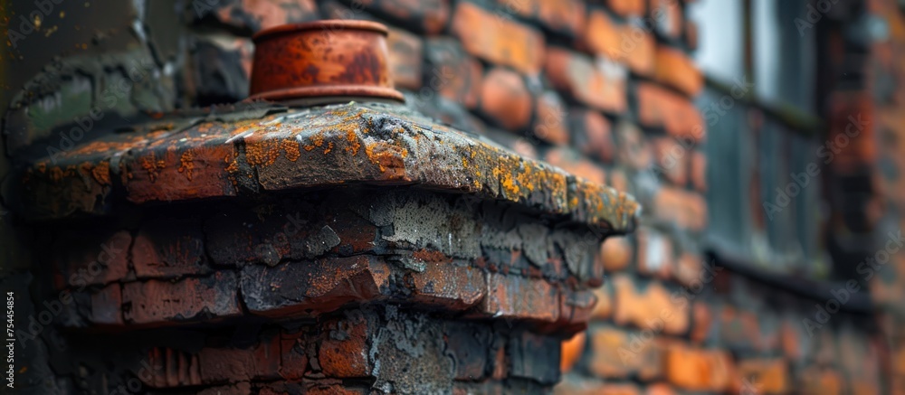 Poster a close-up view of a brick wall with a rusted metal pipe protruding from it, showing the weathered a