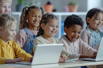 A group of children are sitting at a table with laptops, smiling and laughing. Concept of fun and enjoyment as the children engage in an activity together