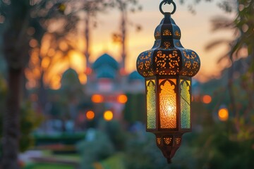 Realistic Glowing lantern illuminates for ramadan and Eid concept