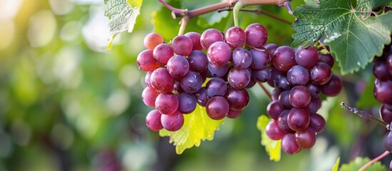 A group of ripe grapes dangles from a vine, showcasing the fruits vibrant colors and plump texture in the natural setting of a vineyard.