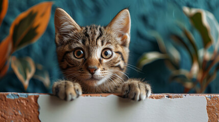 Cute tabby cat, with big eyes looking into camera. Isolated on blue background. Cat, cute, furry.