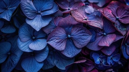 Beautiful colorful dark blue hydrangea flowers as background, top view