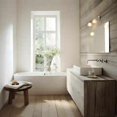 Fototapeta na wymiar White bathroom design, modern interior, with wood, generative ai