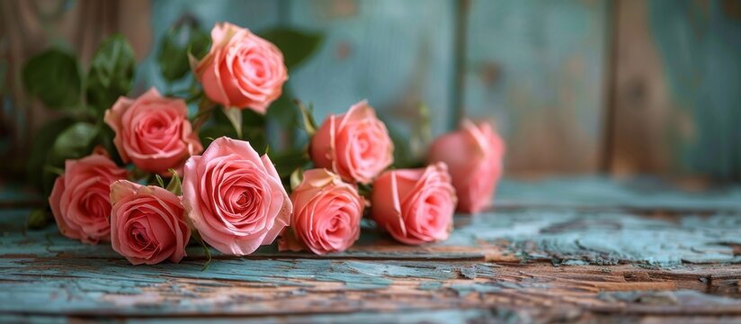 A bunch of pink roses arranged neatly on top of a wooden table, showcasing the beauty of the delicate flowers against the rustic backdrop.
