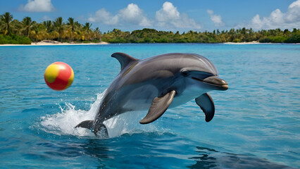 Dolphin jumping and playing with ball in blue moon .Generative ai