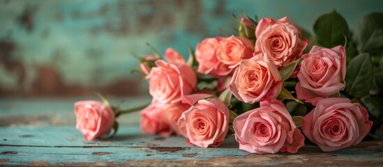 A beautiful bunch of pink roses carefully placed on a table, showcasing their vibrant color and delicate petals.