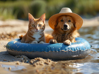 Dog and cat, sharing a float, coexist peacefully on shore, enjoying a sunny day.
