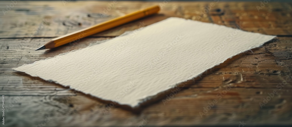 Poster close-up of a white sheet of paper with a sharpened pencil resting on top of it on a wooden surface.