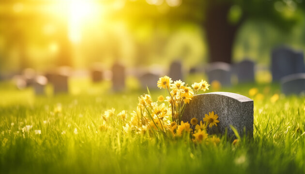 Yellow flowers growing next to gravestone in the cemetery while springtime.